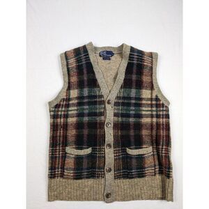 Vintage Polo Ralph Lauren Womens Xl Plaid 100% Wool Sweater‎ Vest Flawed Holes